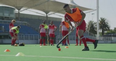 Melez bir erkek çim hokeyi oyuncusunun yan görüntüsü, maçtan önce antrenman, slalom topuyla hokey sopasıyla koşması, stadyum ve takım arkadaşlarıyla güneşli bir günde arka planda, ağır çekimde koşması.