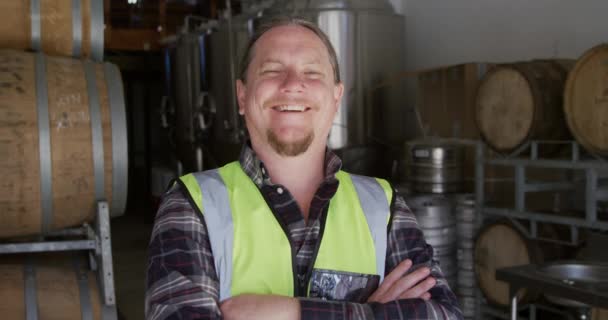 Portrait Caucasian Man Wearing High Visibility Vest Working Microbrewery Arms — Stock Video