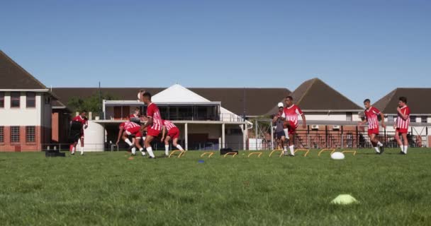 Vista Lateral Uma Equipe Masculina Multiétnica Adolescente Jogadores Rugby Vestindo — Vídeo de Stock