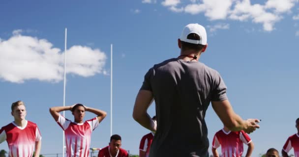 Rear View Caucasian Male Rugby Coach Standing Playing Field Holding — Stock Video