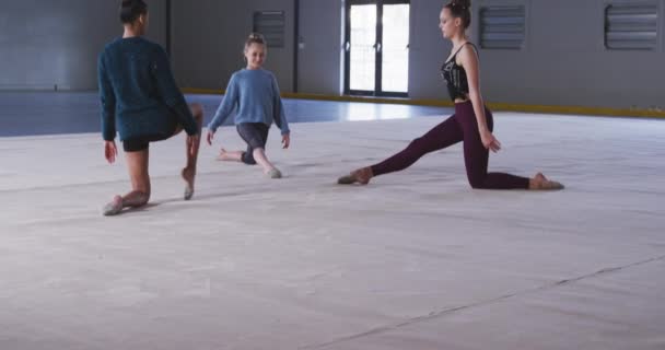 Zijaanzicht Van Gelukkige Tiener Gemengde Ras Kaukasische Vrouwelijke Gymnasten Oefenen — Stockvideo