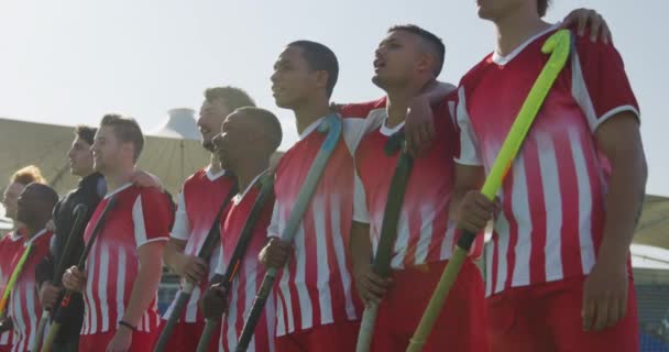 Zijaanzicht Van Een Multi Etnische Groep Mannelijke Hockeyspelers Hun Blanke — Stockvideo