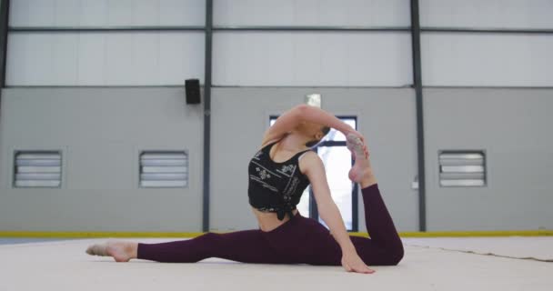 Zijaanzicht Van Een Tiener Blanke Vrouwelijke Gymnaste Oefenen Sportschool Doen — Stockvideo