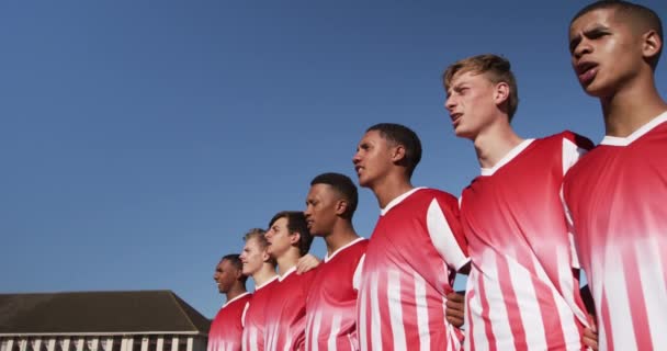 Seitenansicht Einer Gruppe Multiethnischer Rugby Spieler Teenageralter Die Rot Weiße — Stockvideo