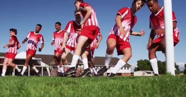 赤と白のチームストリップを身に着けているラグビー選手の10代の多民族男性チームの低角度側のビュー フィールドでのトレーニングやスローモーションで実行 — ストック動画