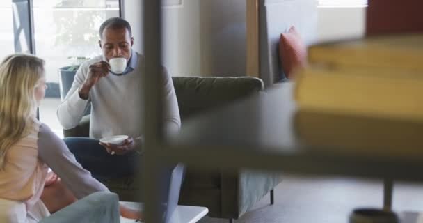 一位白种人女性和一位非裔美国男性企业家坐在一间现代办公室的大堂里 使用笔记本电脑 一边聊天一边喝咖啡 — 图库视频影像