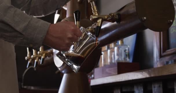 Blisko Rąk Człowieka Pracującego Pubie Minibrowarem Serwującego Kufel Piwa Nalewającego — Wideo stockowe