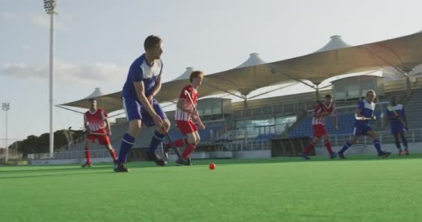 Vista Lateral Dos Equipos Multiétnicos Hockey Sobre Césped Masculino Jugando — Vídeos de Stock