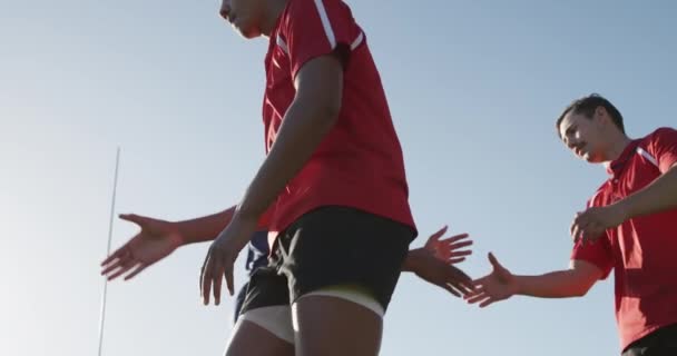 Seitenansicht Von Zwei Multiethnischen Männermannschaften Teenageralter Die Ihre Mannschaftsstreifen Tragen — Stockvideo