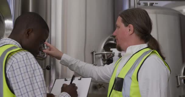 Beyaz Afro Amerikalı Bir Adam Bir Bira Fabrikasında Çalışıyor Yüksek — Stok video