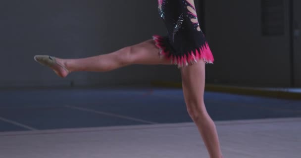 焦点を当てた十代の白人女性の体操競技場でパフォーマンスの側面ビュー 彼女の腕を伸ばしてジャンプ スローモーションでピンクと黒のヒョウを身に着けています — ストック動画
