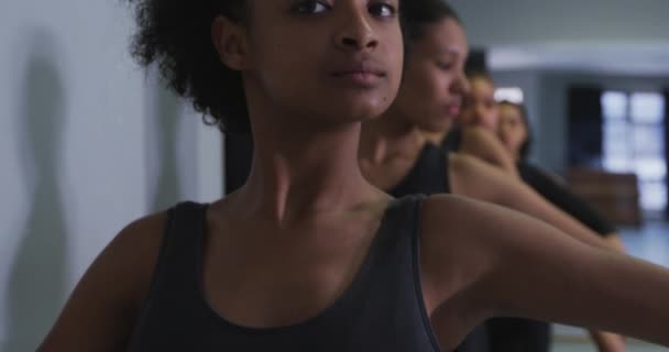 明るいスタジオでダンスクラス中にダンスルーチンを練習黒の衣装を身に着けているフィットの男性と女性の現代ダンサーの多民族グループ 手すりのそばに立って ストレッチ スローモーションで — ストック動画