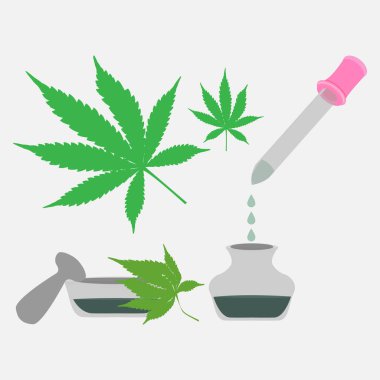  Kendi doğal ilacını yapıyorsun. Havan topu ve tokmakla yemek pişirmek. Vektör çizimi. Pipetle marihuana özü damlatıyor..