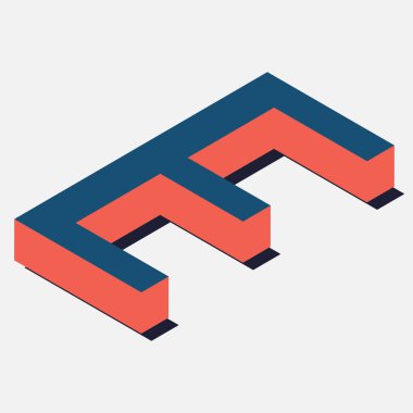 İzometrik harfler. İzometrik görüntüdeki harfler. Mavi-turuncu renkler. Vektör illüstrasyonu.