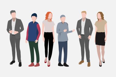 Ayakta duran ve konuları tartışan bir grup insan. Birkaç kişiyle konuş. Ofisteki ekip planları tartışıyor. Vektör illüstrasyonu.