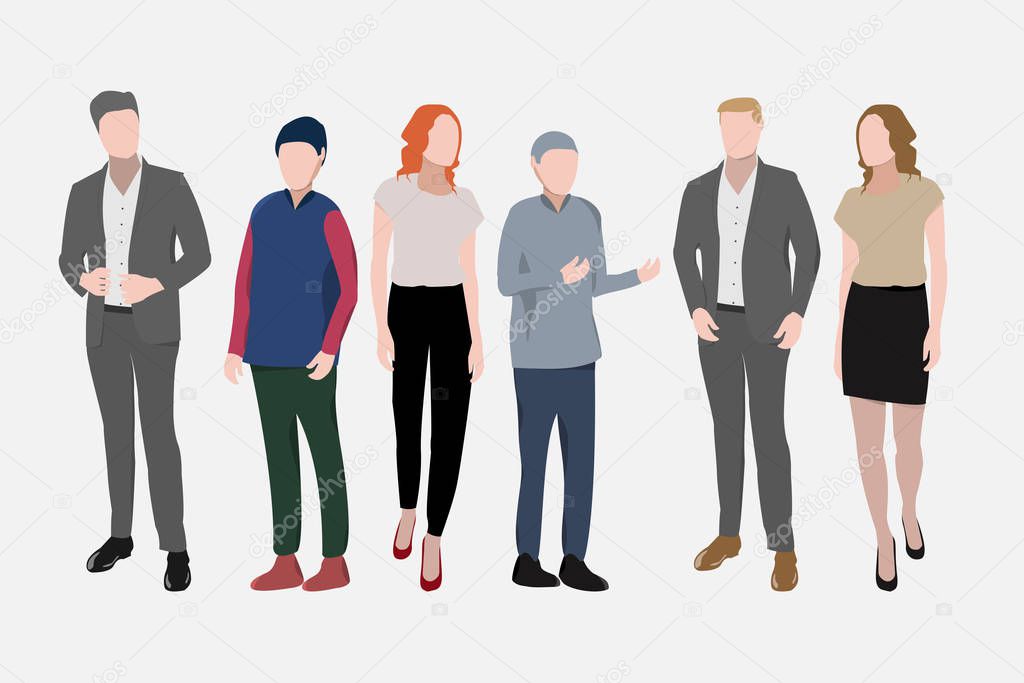 A group of people standing and discussing topics. Talk to a few people. The team in the office discusses the plans. Vector illustration eps.