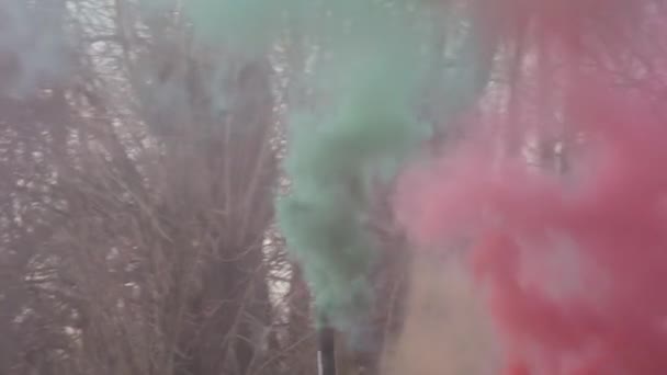 Met Een Rookbom Kleurrijke Rook Van Een Rookbom Blauw Roze — Stockvideo