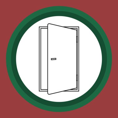 Çemberdeki kapı simgesi. Siyah ve beyaz düz iç mekan ikonu. Açık ve kapalı kapı, eve giriş. İllüstrasyon istiyor.