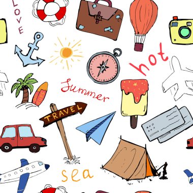 Seyahat temasına elle çizilmiş bir simge seti. Yaz tatilleri ve plaj temaları. El yapımı bir kalem. Uçak, araba, araçlar. İllüstrasyon istiyor.