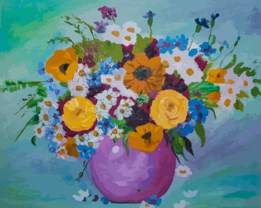 Bir buketteki çiçek şeklinde soyut bir arka plan. Bir sürü farklı renk, papatya, şakayık, karahindiba. Yakın mesafeden bir buket çiçek. İllüstrasyon istiyor.