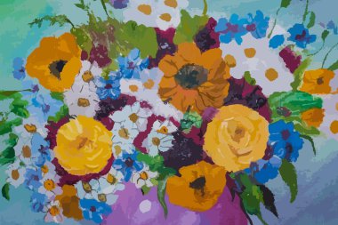 Bir buketteki çiçek şeklinde soyut bir arka plan. Bir sürü farklı renk, papatya, şakayık, karahindiba. Yakın mesafeden bir buket çiçek. İllüstrasyon istiyor.