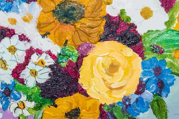 Abstract background in the form of flowers in a bouquet. Lots of different colors, chamomile, peonies, dandelions. A bouquet of flowers at close range. Vector eps illustration.