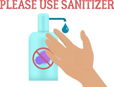 Görüntü dezenfektanı, lütfen dezenfektan kullanın. Aynı zamanda çapraz sorgulu koronavirüs moleküllerinin görüntüsü. Dezenfektan kullanan el. İllüstrasyon istiyor.