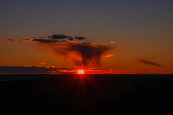 Ein Schöner Roter Sonnenuntergang Über Den Bäumen Mit Einer Großen — Stockfoto