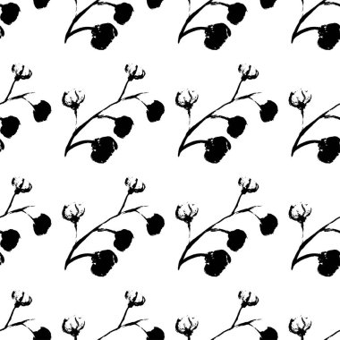 Siyah beyaz kusursuz bir desen. Tek renkli desen, el fırçasıyla çizilmiş çiçek ve yapraklardan oluşur. Bitkilerin ve çiçeklerin tekrarlanan güzel bir deseni. İllüstrasyon istiyor.