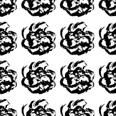 Siyah beyaz kusursuz bir desen. Tek renkli desen, el fırçasıyla çizilmiş çiçek ve yapraklardan oluşur. Bitkilerin ve çiçeklerin tekrarlanan güzel bir deseni. İllüstrasyon istiyor.