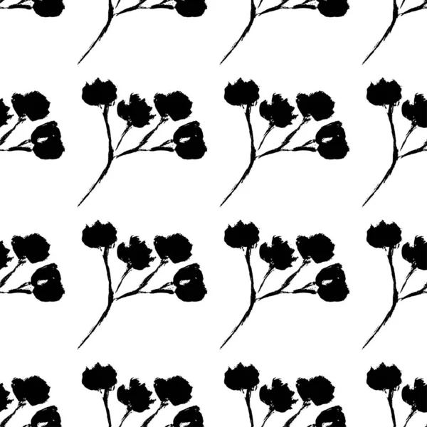 Чорно Білий Безшовний Візерунок Монохромний Візерунок Складається Квітів Листя Намальованих — стоковий вектор