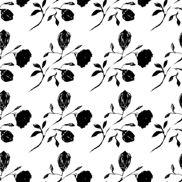 Black White Seamless Pattern Monochrome Pattern Consists Flowers Leaves Drawn — Stock Vector