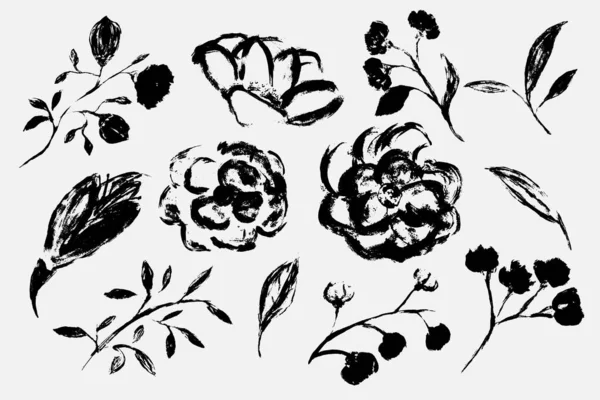 Black White Seamless Pattern Monochrome Pattern Consists Flowers Leaves Drawn — Stock Vector