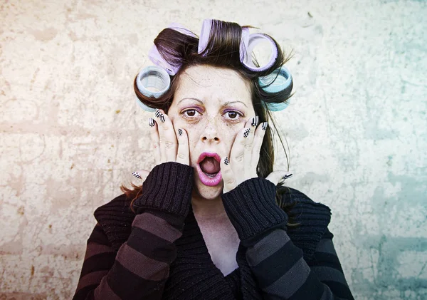 Woman with curlers — Stock Photo, Image