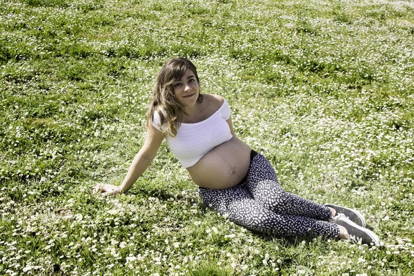 Mujer embarazada con margaritas — Foto de Stock