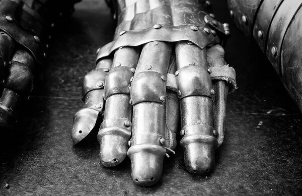 Medieval armor metal gloves, war and recreation