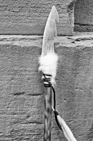 Índio Esculpido Lanças Madeira Penas Armas — Fotografia de Stock