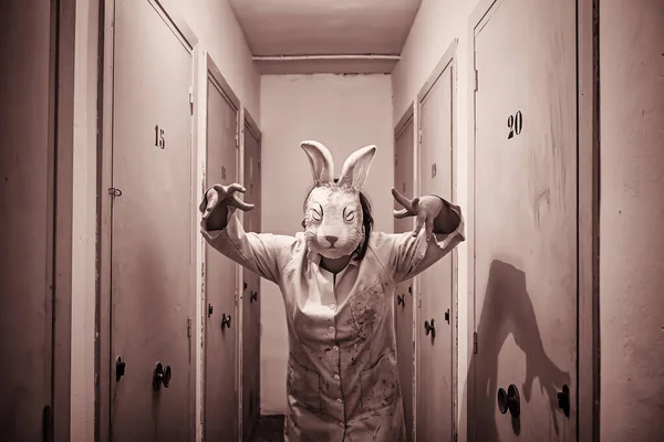 Masked Woman Home Interior Scared Rabbit — Stock Photo, Image