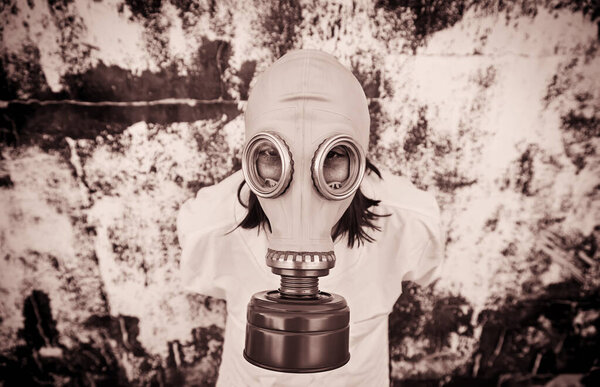 Woman with hooded gas mask, fear halloween