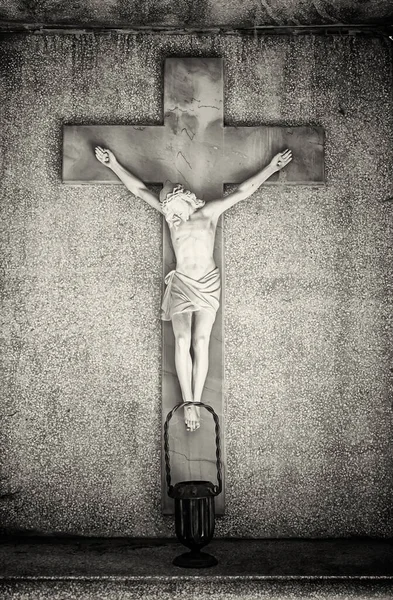 Jesus on cross marble tomb, religion and symbol