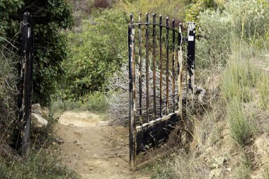 Eski terk edilmiş metal çitler, terkedilmiş mimari detayları, harabe.
