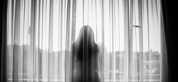 Woman Transparent Curtain Detail Loneliness Melancholy — Stock Photo, Image
