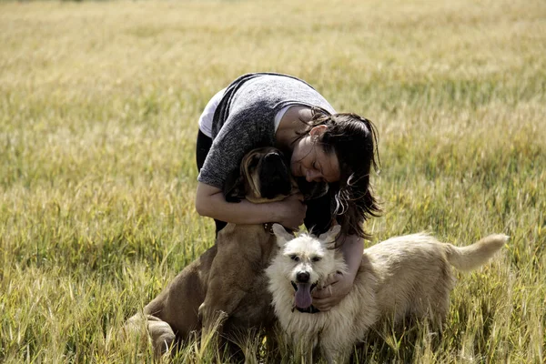 Giovane Donna Con Cane Dettaglio Animale Domestico Amore — Foto Stock