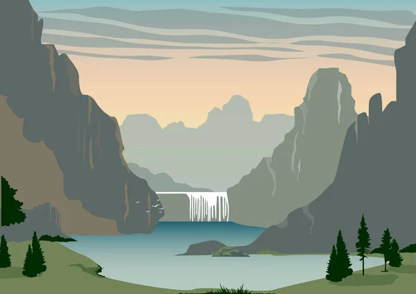 Lago con una cascada en las tierras altas — Vector de stock