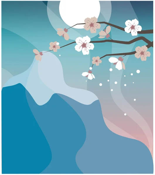 Pemandangan Vektor Biru Yang Indah Dengan Cabang Sakura Dan Gunung - Stok Vektor
