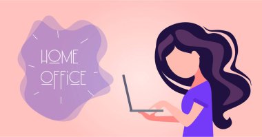 Güzel vektör kız elinde dizüstü bilgisayar tutuyor.