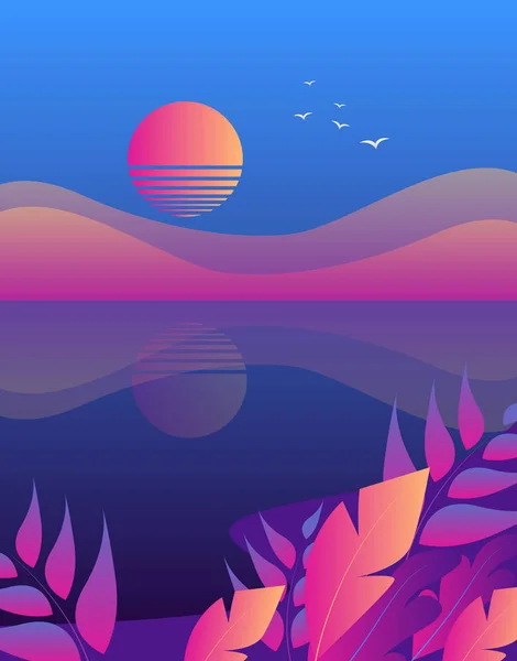 Neón Elegante Lago Puesta Del Sol Vector Ilustración — Archivo Imágenes Vectoriales