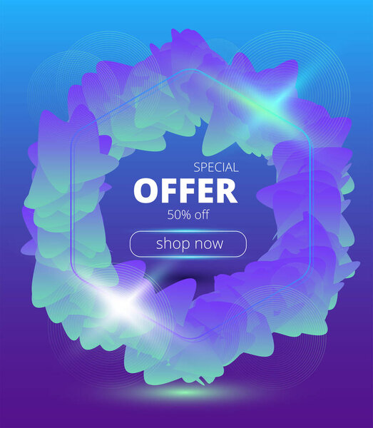 абстрактный векторный баннер сине-зеленого цвета с геометрическими формами, свечением и надписью специальное предложение
