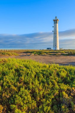 Deniz feneri günbatımı ışık, Fuerteventura, Kanarya Adaları, İspanya Jandia Yarımadası Morro Jable sahilde