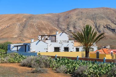 Tipik Kanarya stil Beyaz Saray La Ampuyenta kırsal alanda Köyü ve kaktüs bitkileri ön plan, Fuerteventura, Kanarya Adaları, İspanya